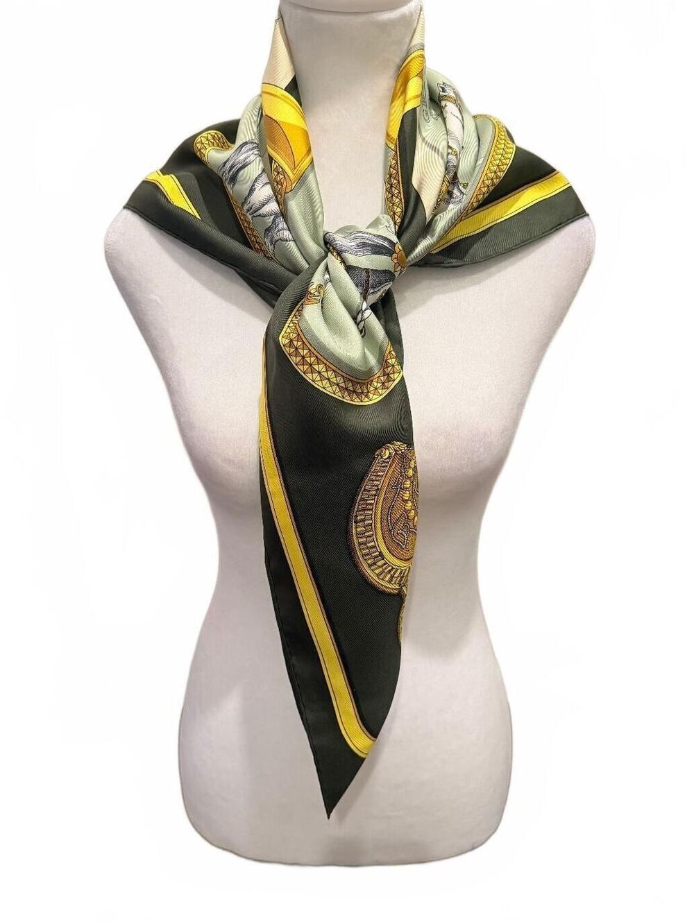 Hermes Grand Apparat Carre 90 Silk Scarf Khaki Olive Green Horses 35"